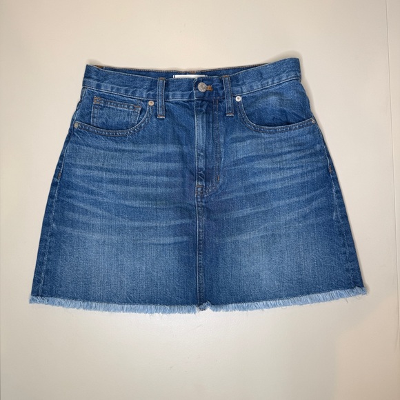 Madewell Dresses & Skirts - Madewell Rigid Denim A-Line Mini Skirt Size 27 Raw Hem Blue Jean Skirt